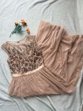 Adrianna Papell Beaded Floral Tulle Maxi Gown Rose Gold Pink NWOT Size 4